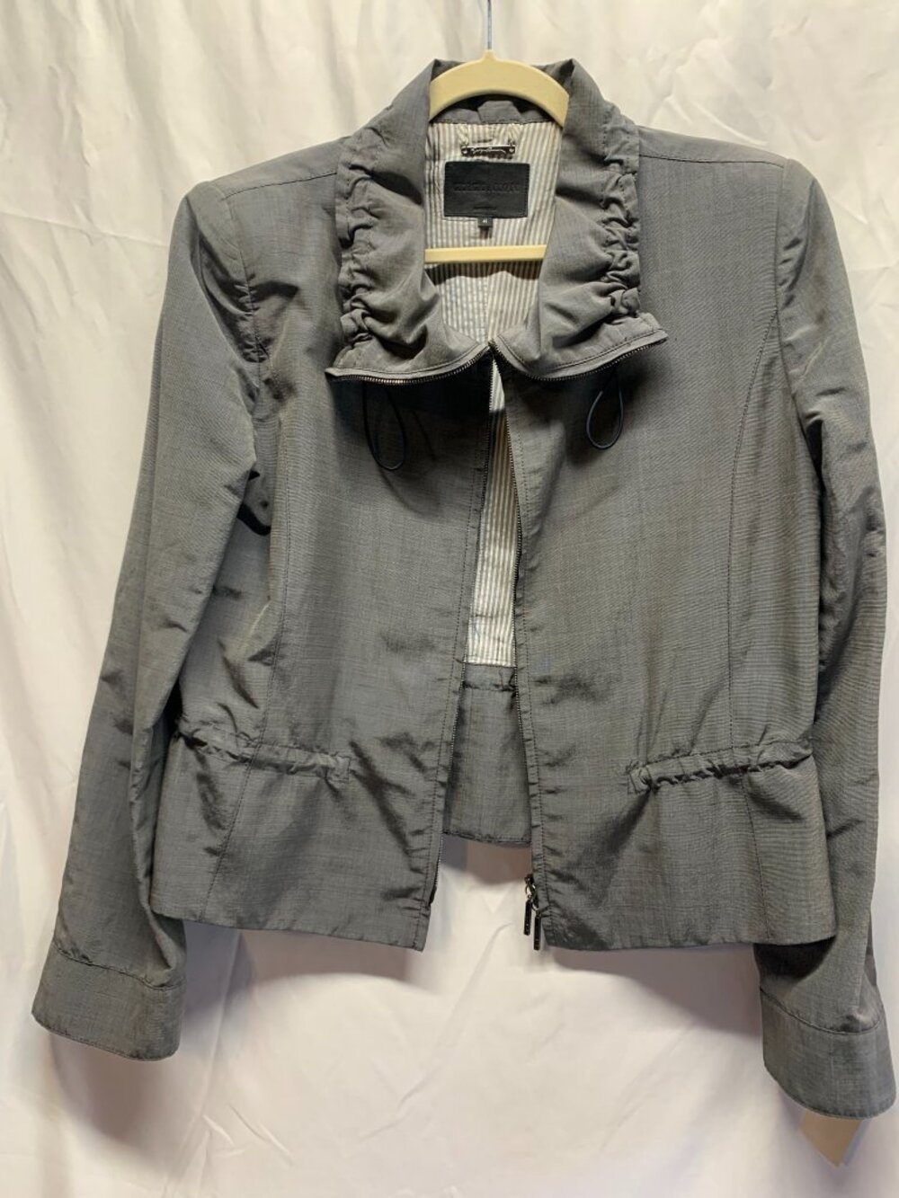 Giorgio Armani Womens Gray Microcheck Zip Jacket IT 46 Ruched Collar Italy